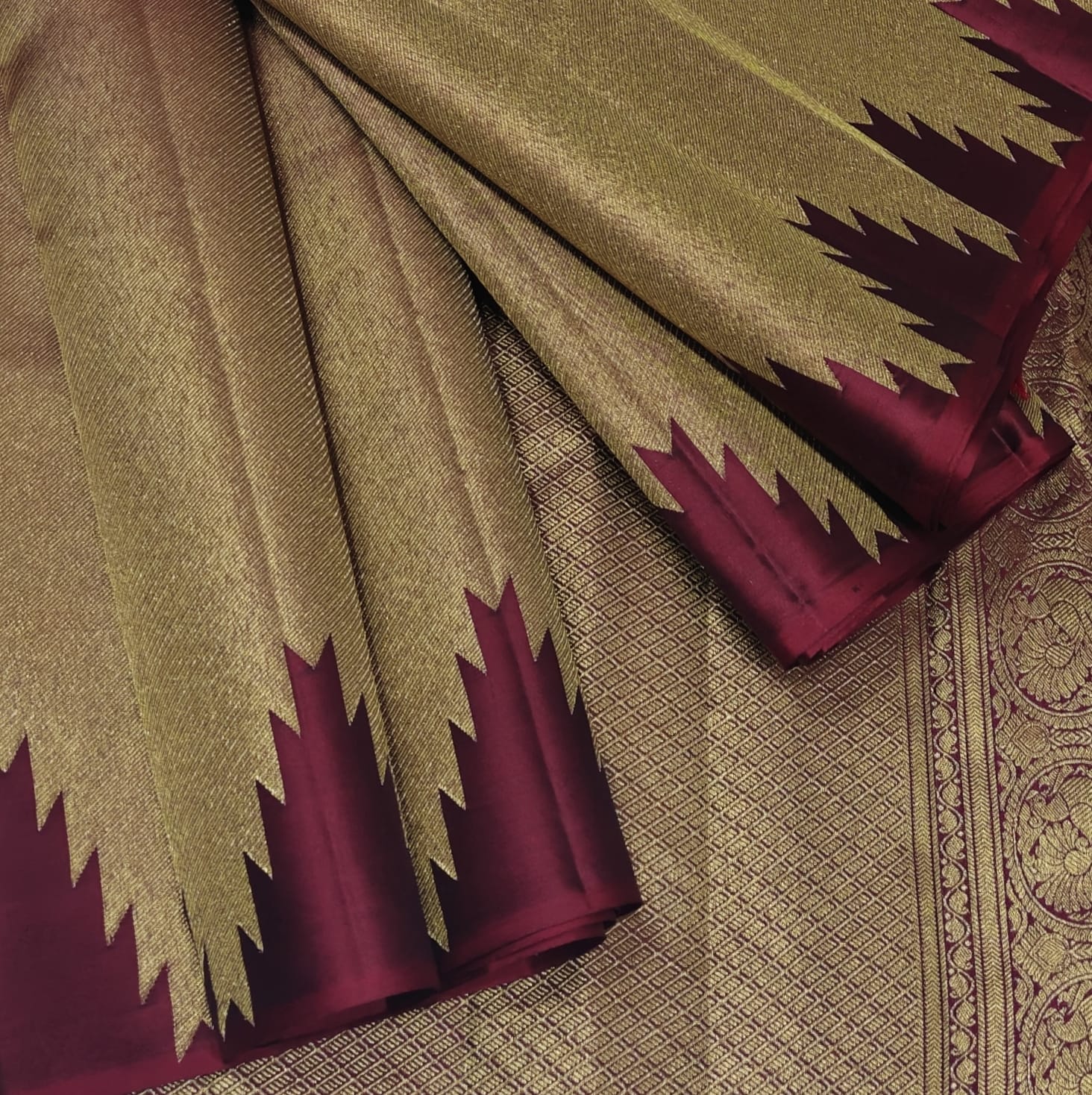 Dull Gold with contrasting Wine Red Silk Saree